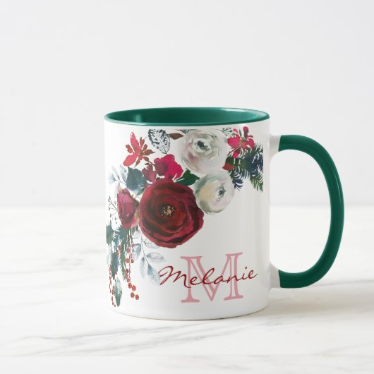 Winter Burgund Rose Blumenkiefer Bouquet Monogramm Tasse (Rechts)