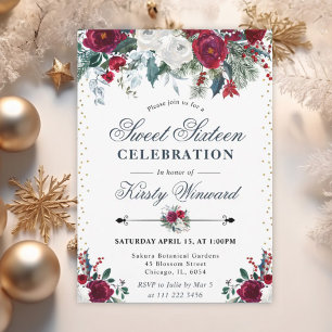 Winter Burgund und Weiße Florale Sweet Sixteen Einladung
