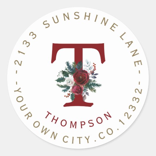 Winter Burgundy Floral Monogram Address Label Runder Aufkleber (Vorderseite)