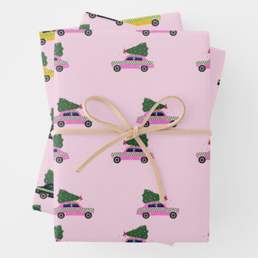 Winter Cab Taxi Fir Tree Muster Rosa Weihnachten Geschenkpapier Set (Beispiel)