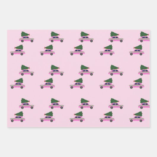 Winter Cab Taxi Fir Tree Muster Rosa Weihnachten Geschenkpapier Set (Vorderseite)