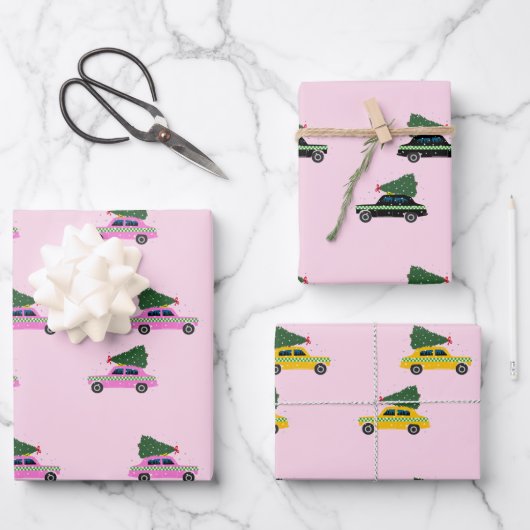 Winter Cab Taxi Fir Tree Muster Rosa Weihnachten Geschenkpapier Set (Vorderseite)