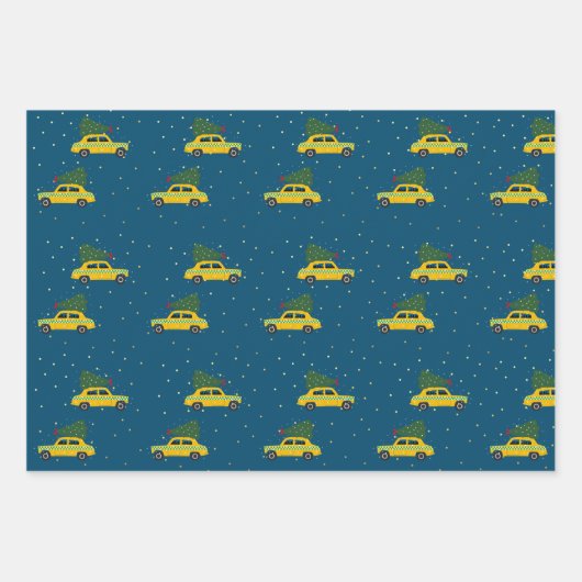 Winter Cab Taxi Fir Tree Pattern Blauer Weihnachte Geschenkpapier Set (Vorderseite 3)