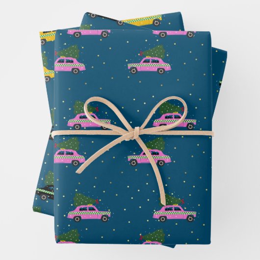 Winter Cab Taxi Fir Tree Pattern Blauer Weihnachte Geschenkpapier Set (Beispiel)