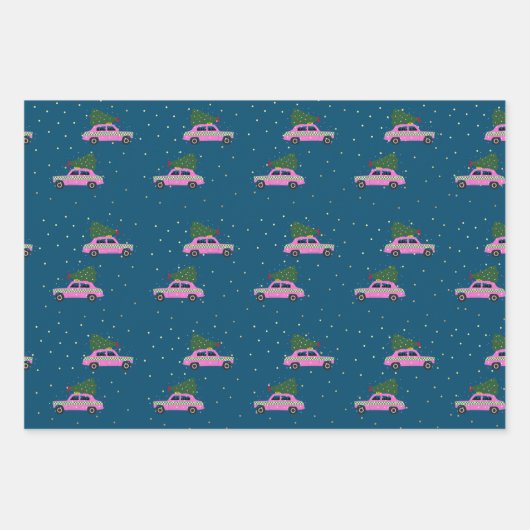 Winter Cab Taxi Fir Tree Pattern Blauer Weihnachte Geschenkpapier Set (Vorderseite)
