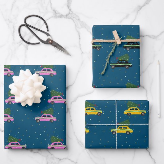Winter Cab Taxi Fir Tree Pattern Blauer Weihnachte Geschenkpapier Set (Vorderseite)