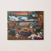 Winter Cabin Deck Dogs Fire Pit Snow Scene Puzzle (Horizontal)
