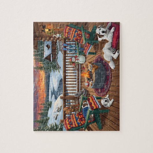 Winter Cabin Deck Dogs Fire Pit Snow Scene Puzzle (Vertikal)