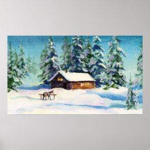 WINTER CABIN & HORSE VON SHARON SHARPE POSTER