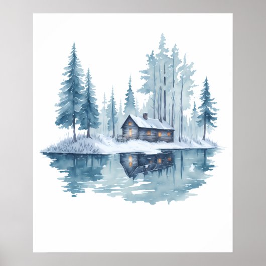 Winter Cabin Retreat Aquarellmalerei Poster (Vorne)