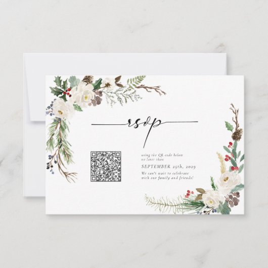 Winter Calligraphy Botanicals QR Code Wedding RSVP Einladung (Vorderseite)