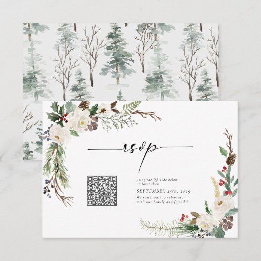 Winter Calligraphy Botanicals QR Code Wedding RSVP Einladung (Vorne/Hinten)