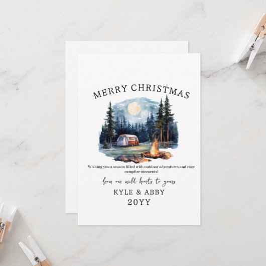 Winter Camping Bonfire Mondlicht Weihnachtswald Einladung (Vorderseite/Rückseite Beispiel)