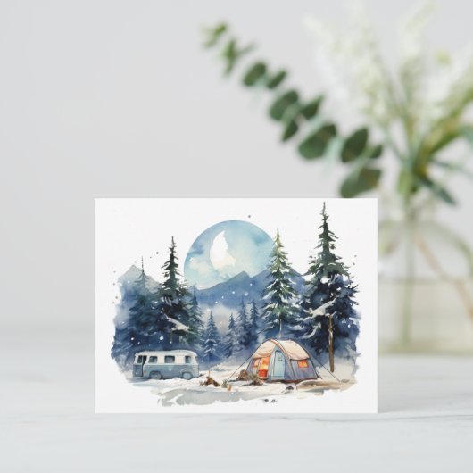 Winter Camping Wasserfarbe Postkarte (Stehend Vorderseite)