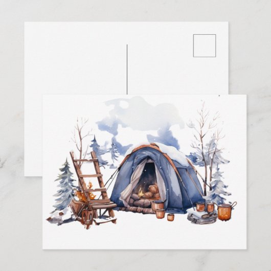 Winter Camping Wasserfarbe Postkarte (Vorne/Hinten)