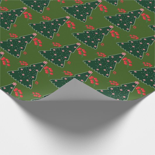 Winter Candy Cane Holly Berry Green Weihnachtsbaum Geschenkpapier (Ecke)