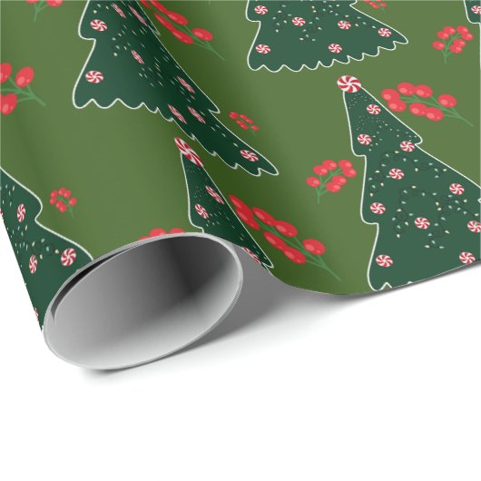 Winter Candy Cane Holly Berry Green Weihnachtsbaum Geschenkpapier (Rolleneckpunkt)