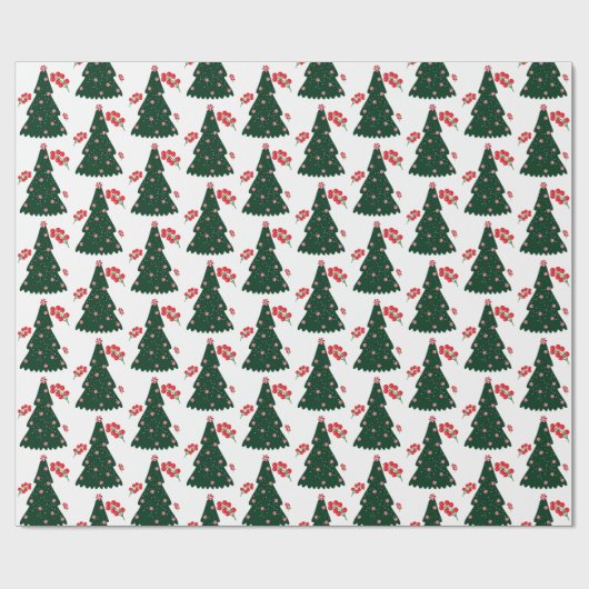 Winter Candy Cane Holly Berry White Christmas Tree Geschenkpapier (Flach)