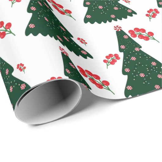 Winter Candy Cane Holly Berry White Christmas Tree Geschenkpapier (Rolleneckpunkt)