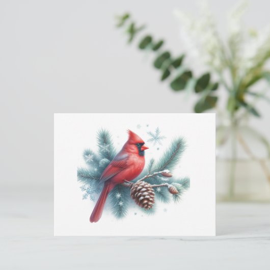 Winter Cardinal Pine and Snowflakes Postkarte (Stehend Vorderseite)