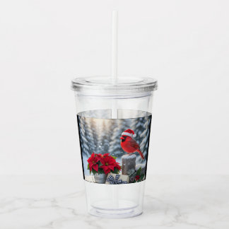 Winter Cardinal with Poinsettia Acrylic Tumbler Acryltrinkbecher