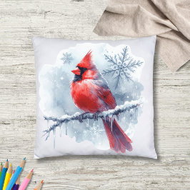 Winter Cardinal with Snowflakes on Icy Branch Kissen