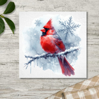 Winter Cardinal with Snowflakes on Icy Branch Poster