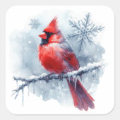 Winter Cardinal with Snowflakes on Icy Branch Quadratischer Aufkleber (Vorderseite)
