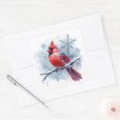 Winter Cardinal with Snowflakes on Icy Branch Quadratischer Aufkleber (Umschlag)
