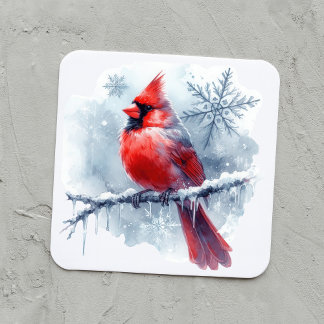 Winter Cardinal with Snowflakes on Icy Branch Quadratischer Aufkleber