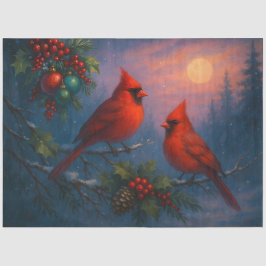 Winter Cardinals Under the Solstice Moon Decoupage Seidenpapier (Vorderseite)