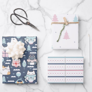 Winter Cats Fun Pastel Feiertag Weihnachten Geschenkpapier Set