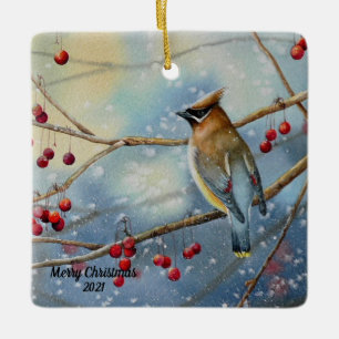 Winter Cedar Waxwing Bird & Berries Keramikornament