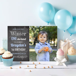 Winter Chalkboard Foto Boy's 1. Geburtstag Einladung