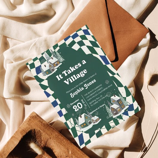 Winter Checkered "It Takes a Village" baby shower Einladung