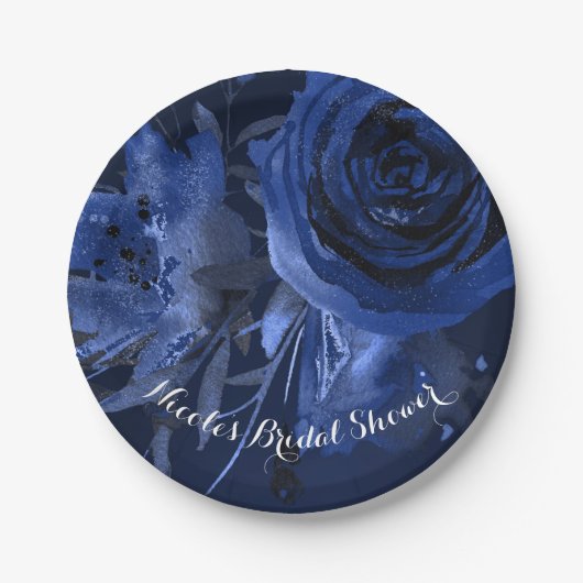 Winter Chic Floral Blue Rose Bold Wedding Pappteller (Vorderseite)