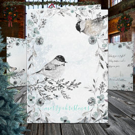 Winter Chickadee Birds Dusty Blue Frohe Weihnachte Feiertagskarte