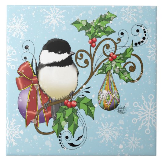 Winter Chickadee Weihnachten Fliese (Vorderseite)