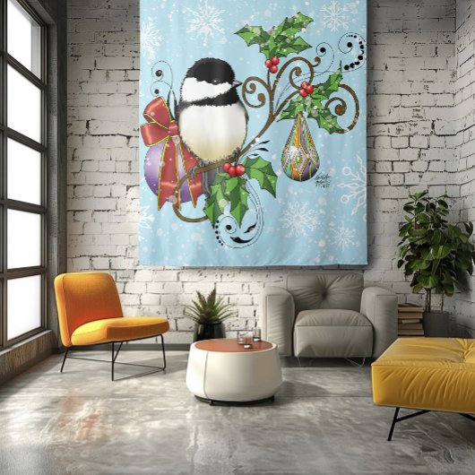 Winter Chickadee Weihnachten Wandteppich