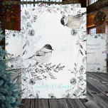 Winter Chickadees Dusty Blue Wreath Christmas Feiertagskarte<br><div class="desc">Watercolor sparrow bird in a dusty blue silver greenery wreath nest surrounded by a blustery winter day. Customize the saying to any saying or language.</div>