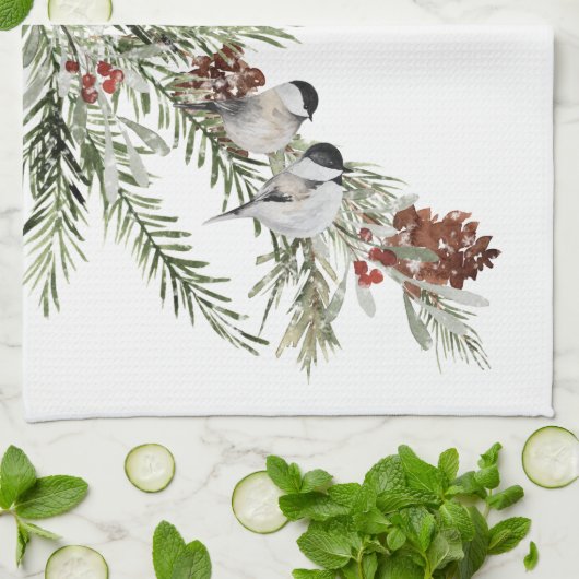 Winter Chickadeg Grüner Waldbaum Cones Berries Geschirrtuch (Gefaltet)