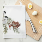 Winter Chickadeg Grüner Waldbaum Cones Berries Geschirrtuch (Viertel Falte)