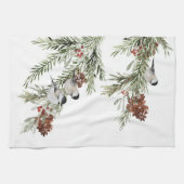 Winter Chickadeg Grüner Waldbaum Cones Berries Geschirrtuch (Horizontal)