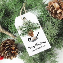 Winter Chickadeo auf Pinecone Frohe Weihnachten Geschenkanhänger