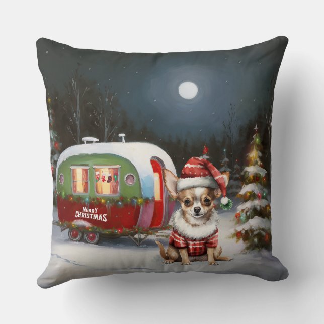 Winter Chihuahua Caravan Weihnachtsabenteuer Kissen (Rückseite)