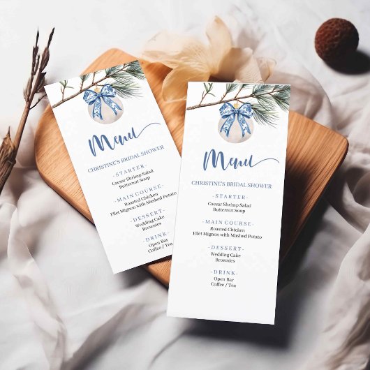 Winter Chinoiserie Bow Brautparty Menü Menükarte