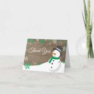 Winter Christmas Green Snowman Burlap Dankeskarte
