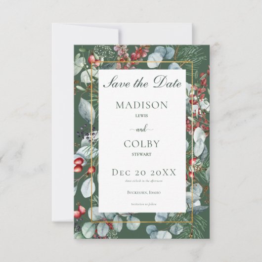 Winter Christmas Greenery Green Save the Date Card (Vorderseite)
