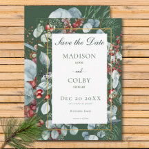 Winter Christmas Greenery Green Save the Date Card