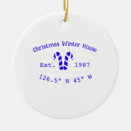 Winter Christmas house blue candy canes est. Year  Keramik Ornament